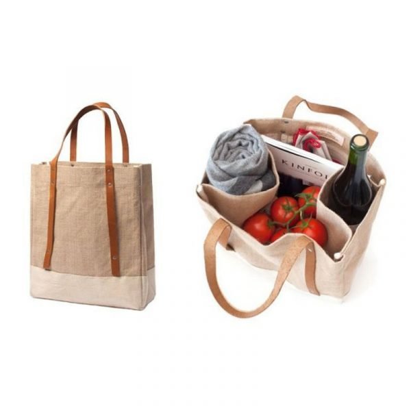 Custom Eco Friendly Jute Tote Bag Handbag with leather handle
