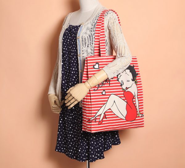 Custom Stripe Printing Calico Cotton Casual Shoulder Tote Shopping Bags - Image 4